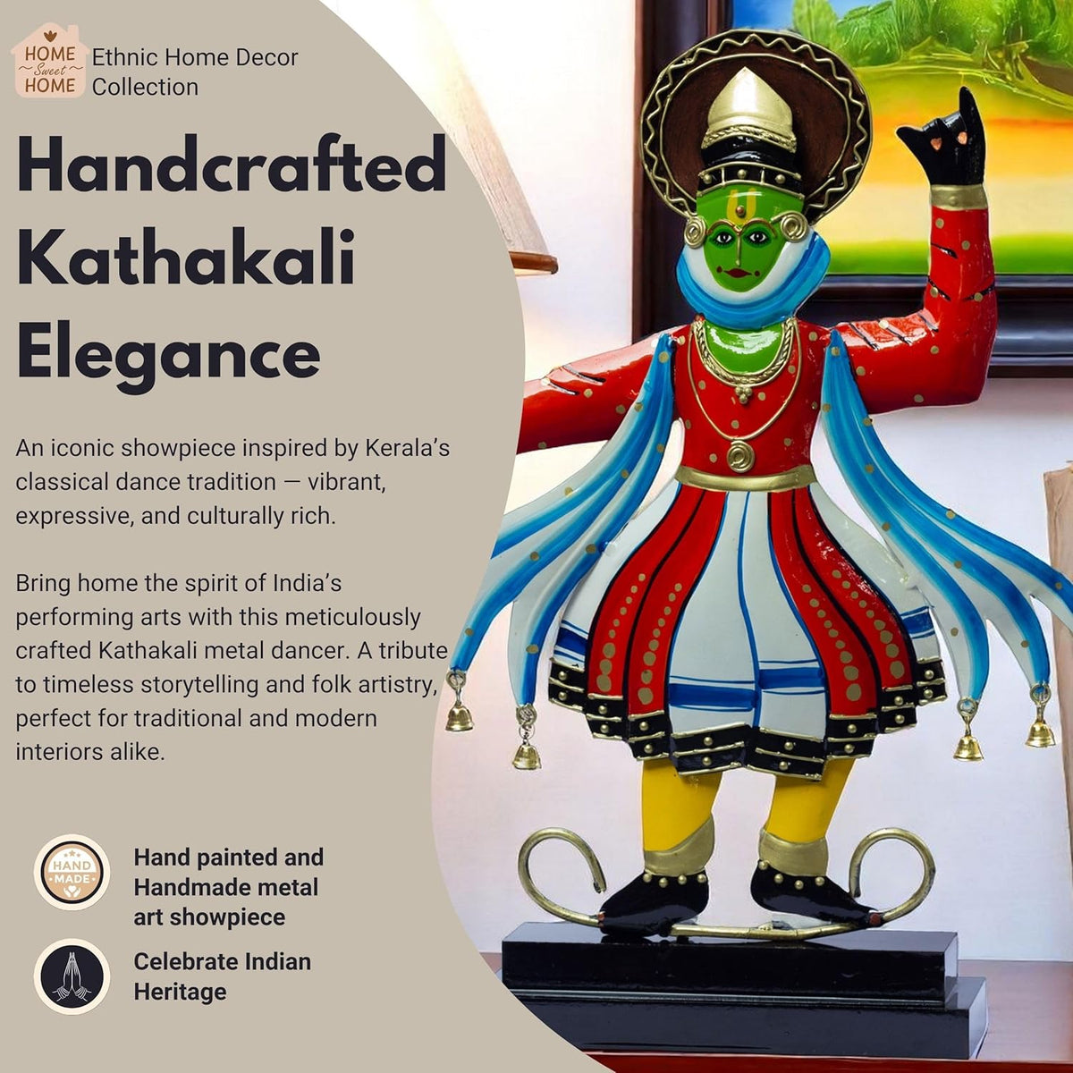 Kathakali Dancer Metal Showpiece – Traditional Kerala Folk Art Classical Dance Figurine