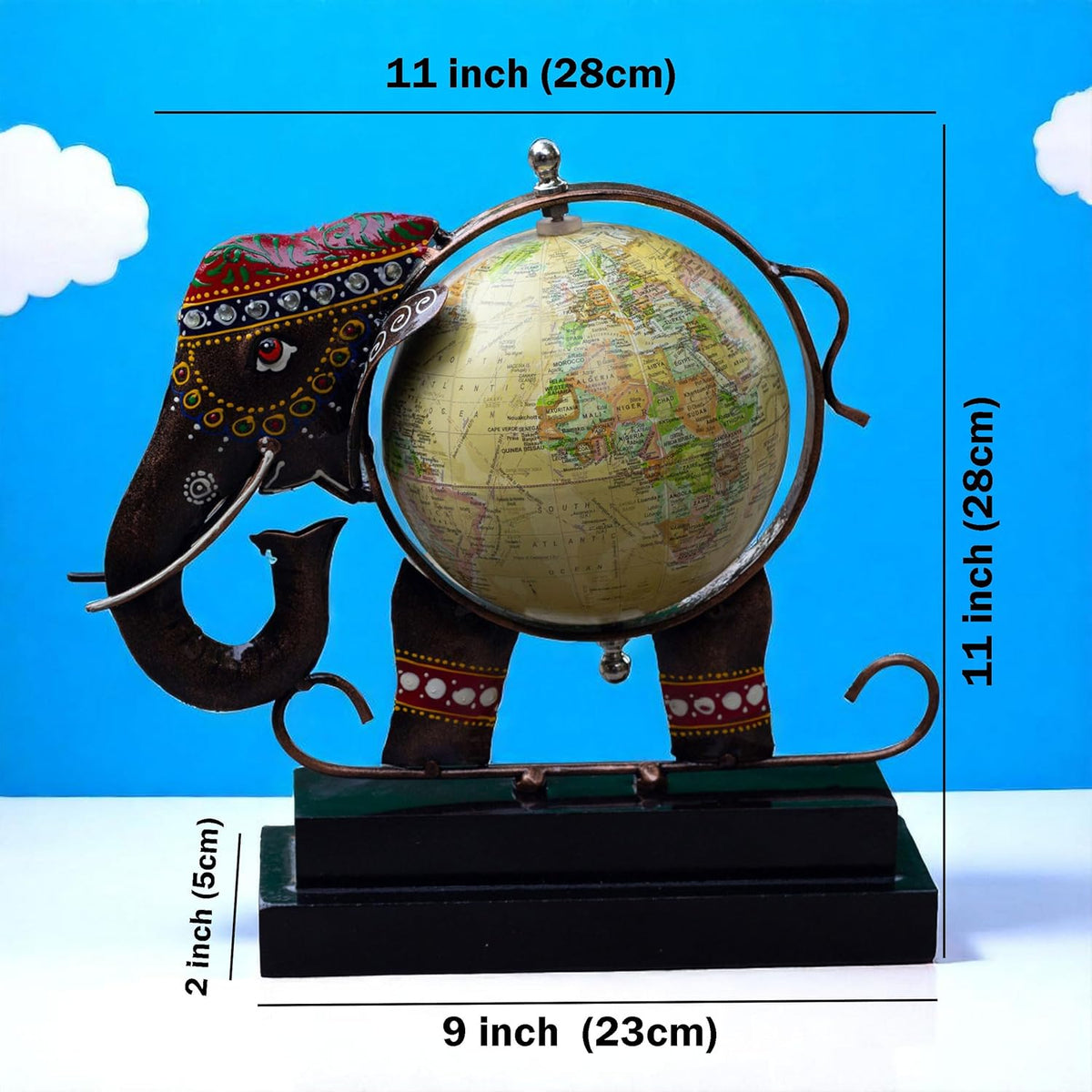 Metal Elephant Showpiece with Globe | Traditional Handicraft for Home & Office Decor | Globe for Study Table