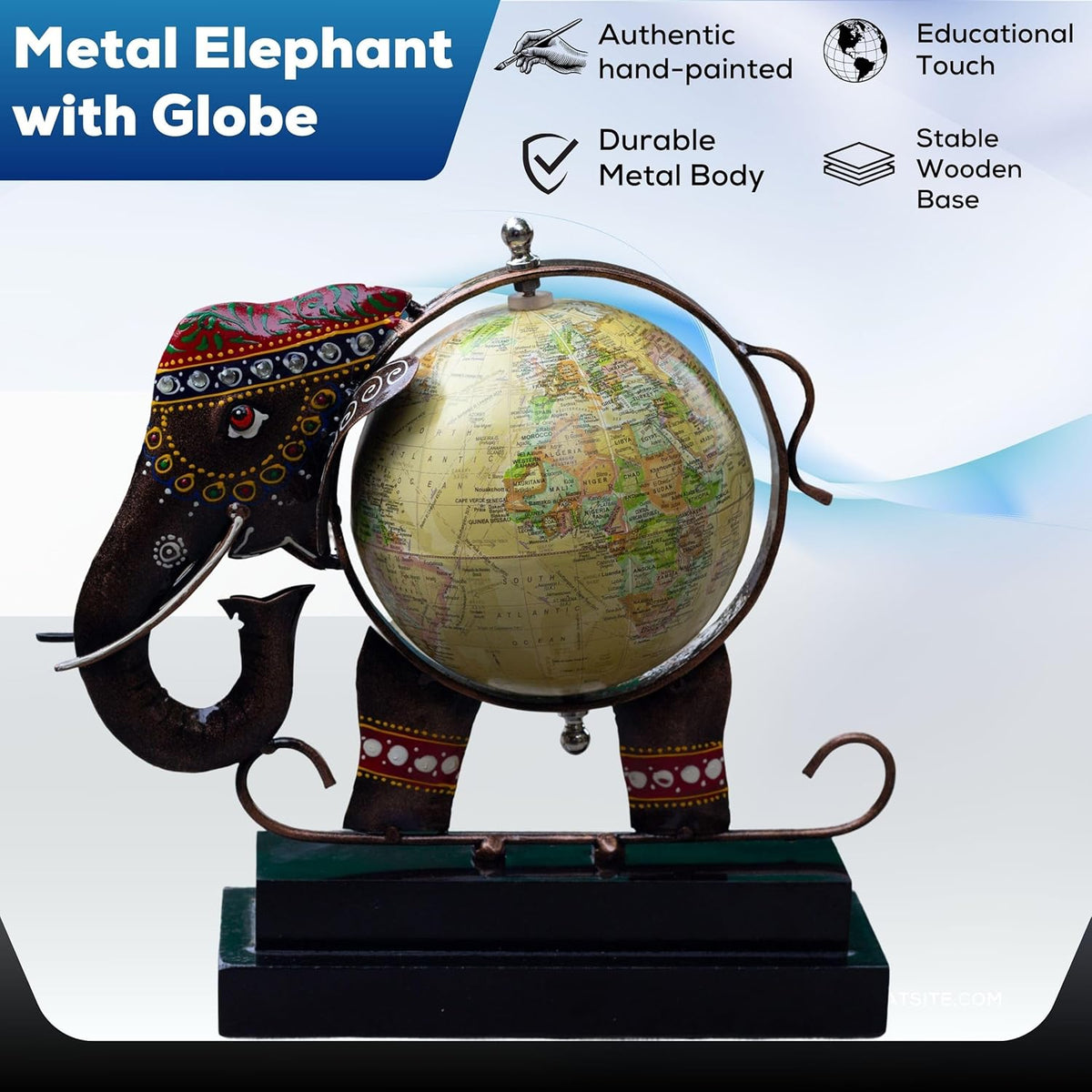 Metal Elephant Showpiece with Globe | Traditional Handicraft for Home & Office Decor | Globe for Study Table