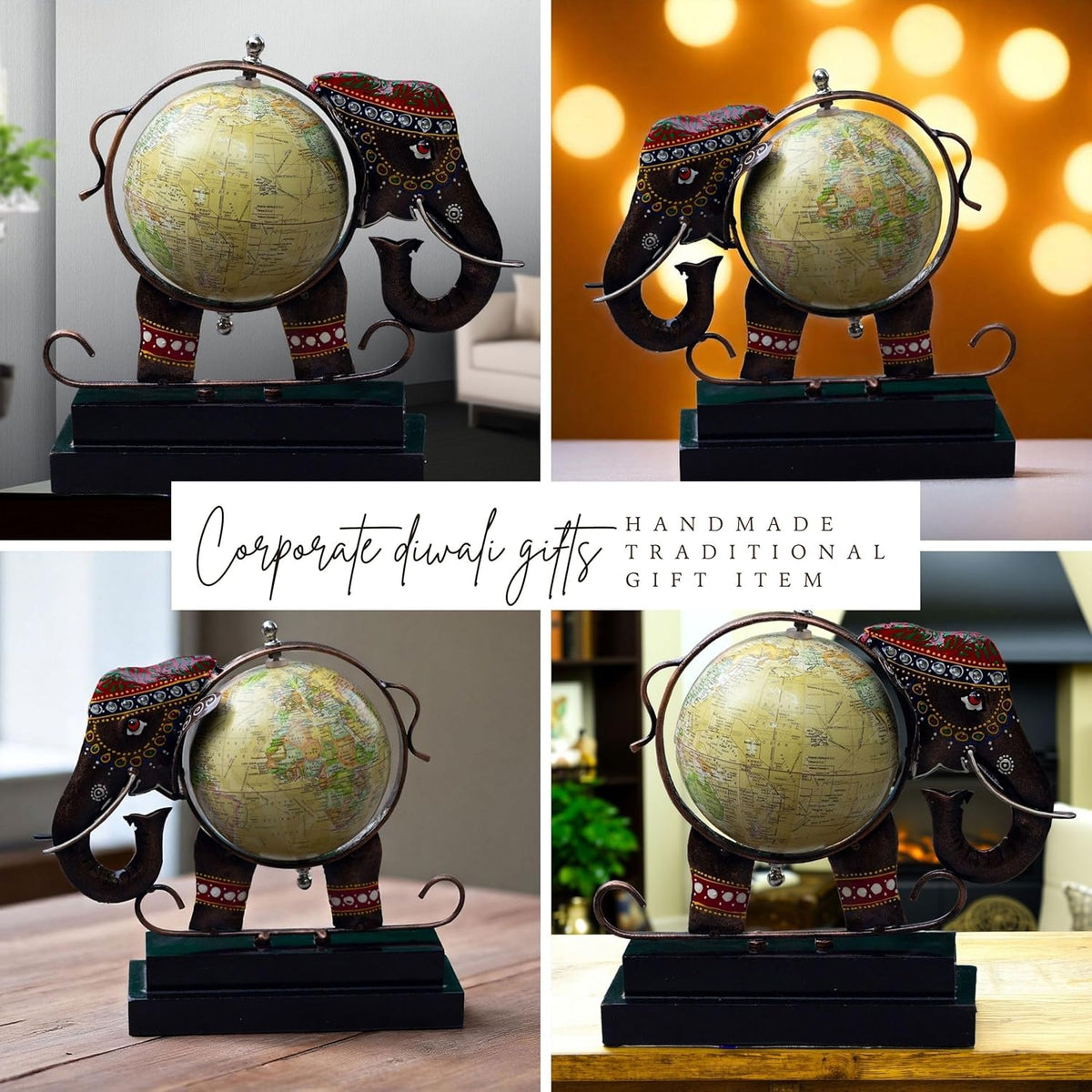 Metal Elephant Showpiece with Globe | Traditional Handicraft for Home & Office Decor | Globe for Study Table