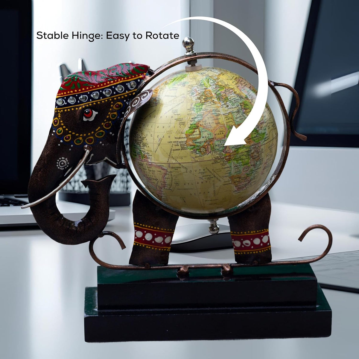 Metal Elephant Showpiece with Globe | Traditional Handicraft for Home & Office Decor | Globe for Study Table