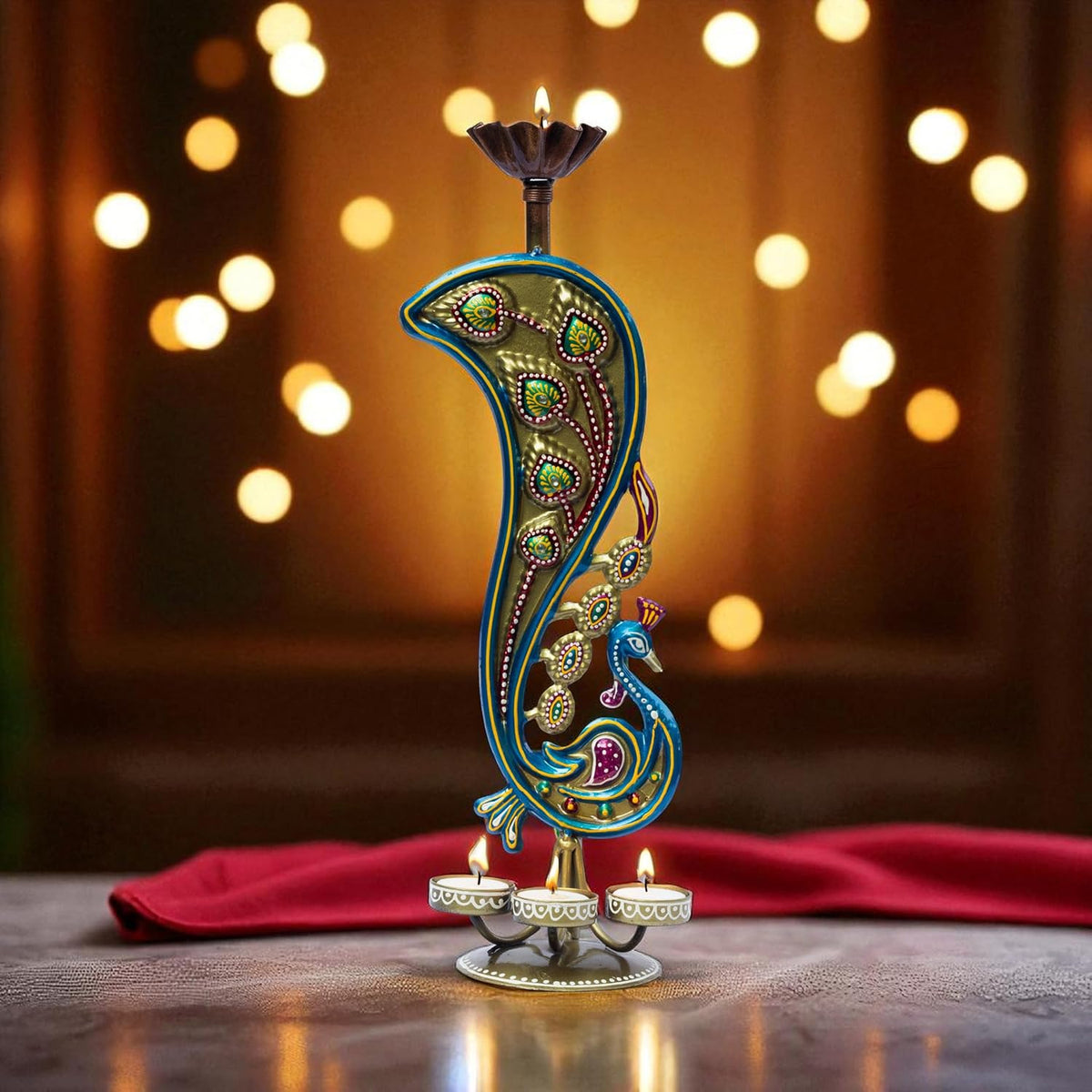 Handcrafted Peacock Tealight Candle Holder – Iron Tabletop Showpiece for Home Decor & Office | 17 Inch T-Light for Diwali Navratri Festival Gift