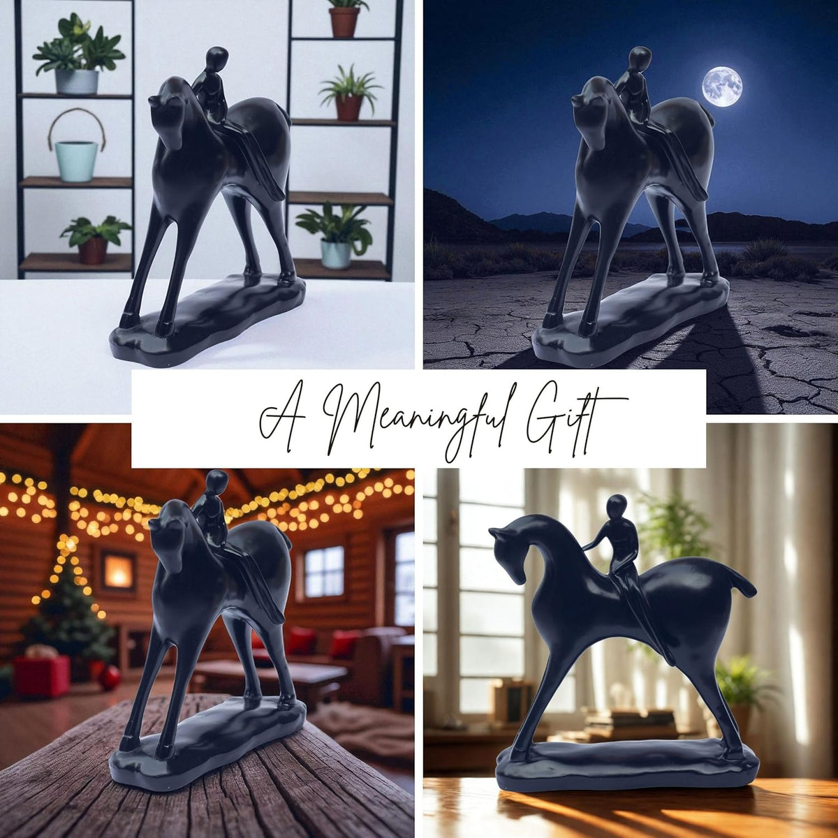 Minimalist Girl on Horse Figurine – Modern Black Resin Showpiece | Elegant Home Decor Accent for Living Room, Study