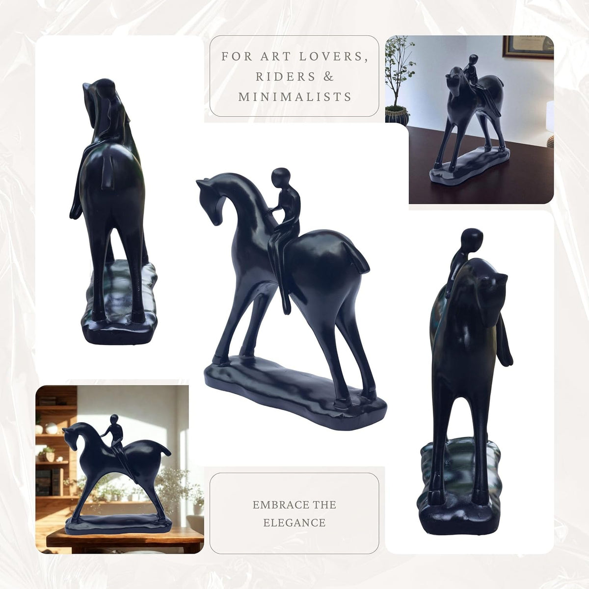 Minimalist Girl on Horse Figurine – Modern Black Resin Showpiece | Elegant Home Decor Accent for Living Room, Study
