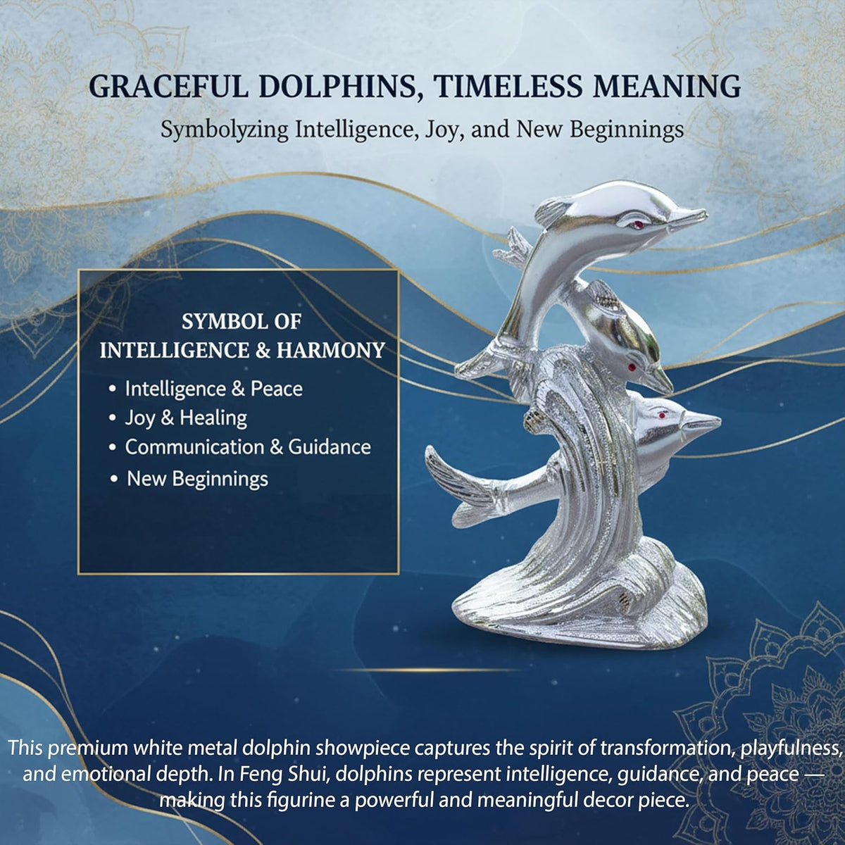 Premium White Metal Dolphin Showpiece – 9 Inch Silver Finish Figurine | Elegant Home & Office Decor