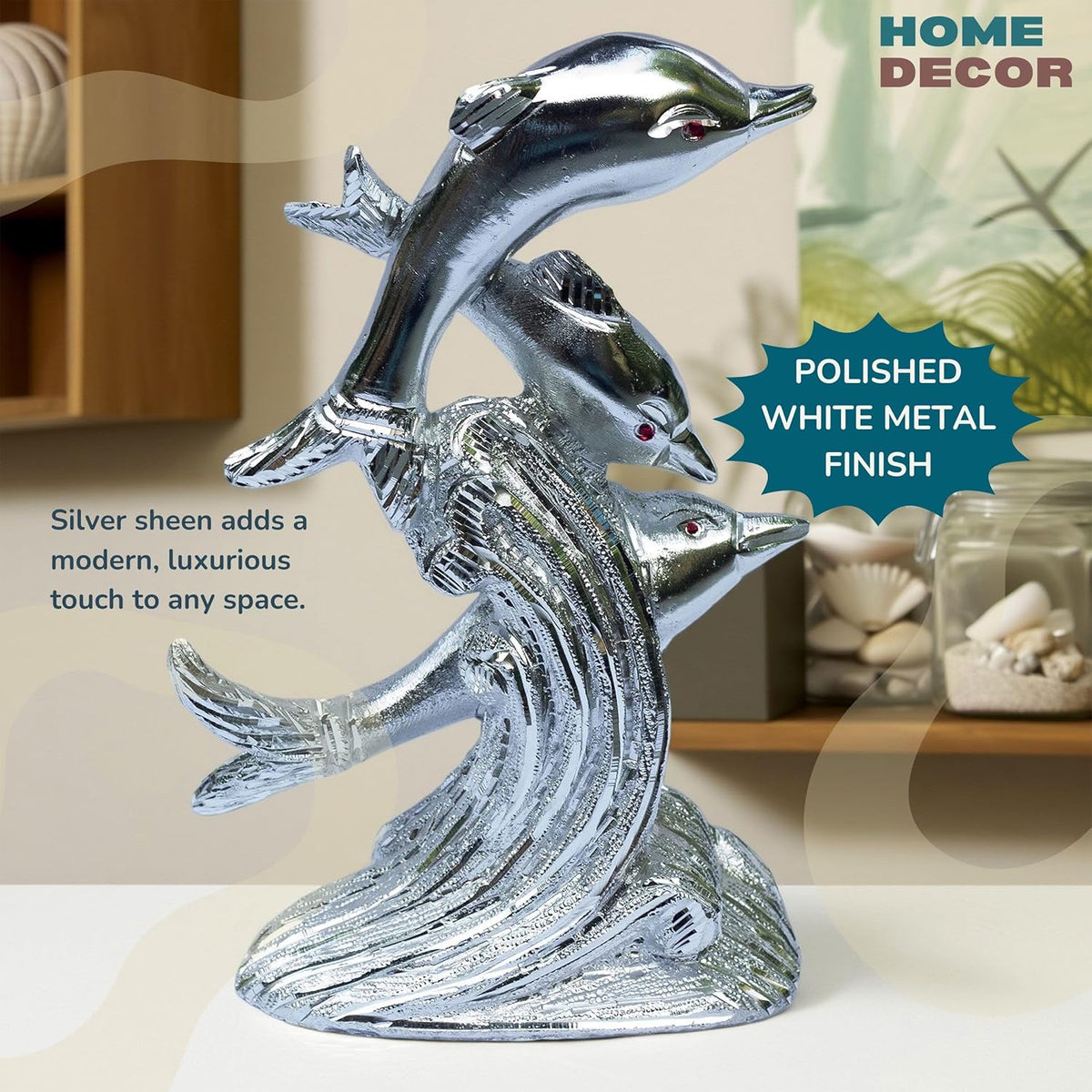Premium White Metal Dolphin Showpiece – 9 Inch Silver Finish Figurine | Elegant Home & Office Decor
