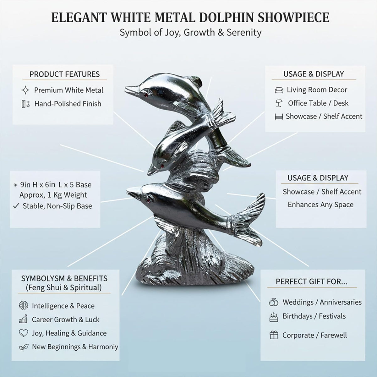 Premium White Metal Dolphin Showpiece – 9 Inch Silver Finish Figurine | Elegant Home & Office Decor