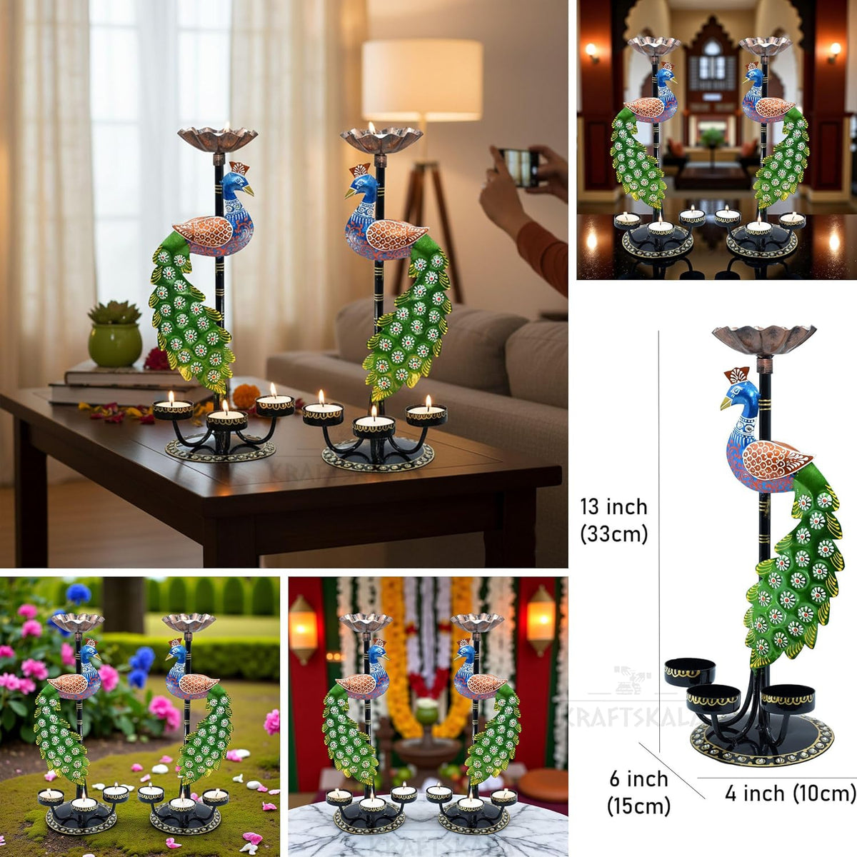 Set of 2 Peacock Tealight Candle Holders