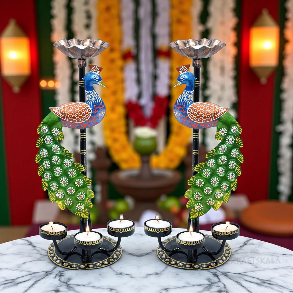 Set of 2 Peacock Tealight Candle Holders – Left Right Facing Decorative Metal Candle Stands with 4 Slots Each | Vibrant Tabletop Home Decor & Diwali/Navratra Gift Item (13 Inch)