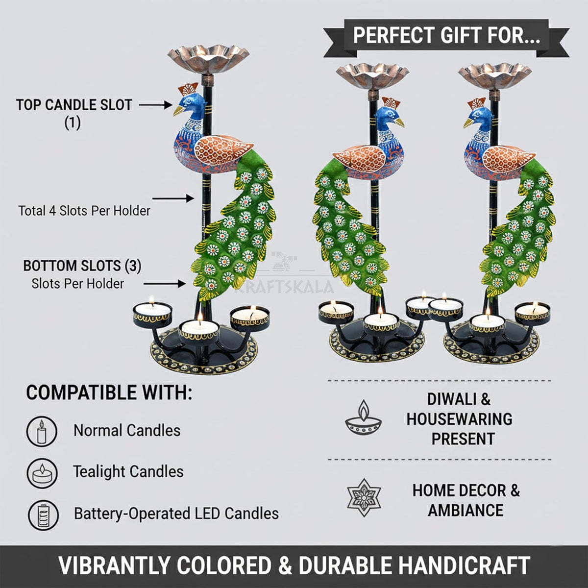 Set of 2 Peacock Tealight Candle Holders