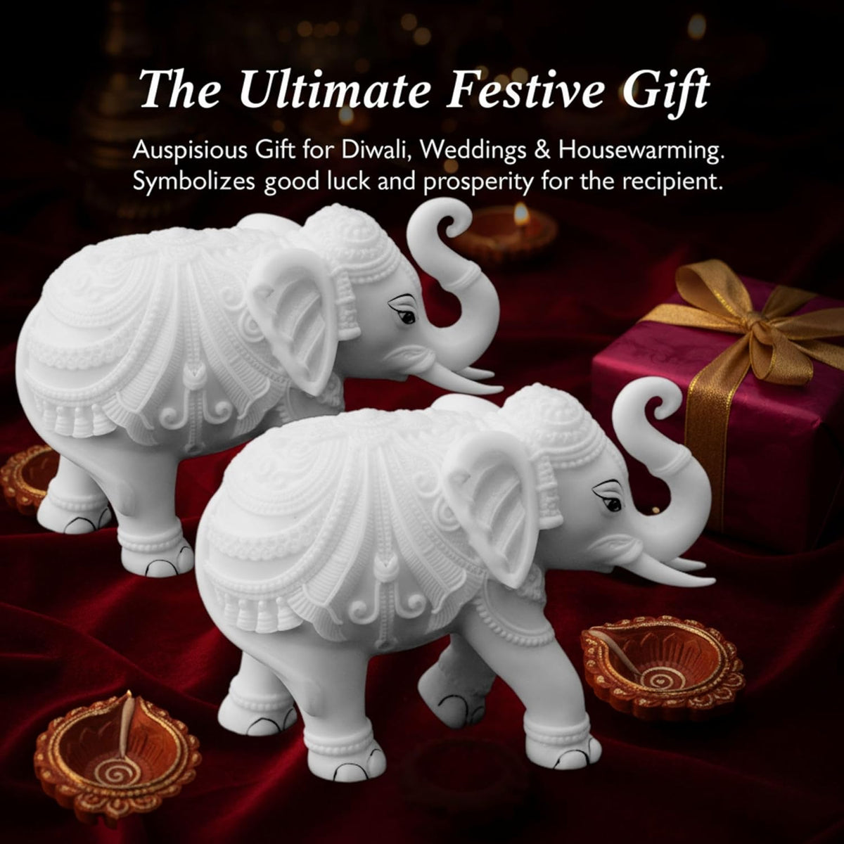 Large Auspicious White Elephant Hathi Showpiece Set of 2 | 8 Inch Vastu Trunk Up Figurine for Home Office Table Diwali