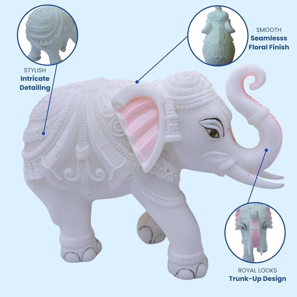Large Auspicious White Elephant Hathi Showpiece Set of 2 | 8 Inch Vastu Trunk Up Figurine for Home Office Table Diwali