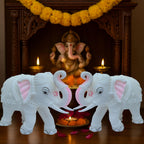 Large Auspicious White Elephant Hathi Showpiece Set of 2 | 8 Inch Vastu Trunk Up Figurine for Home Office Table Diwali