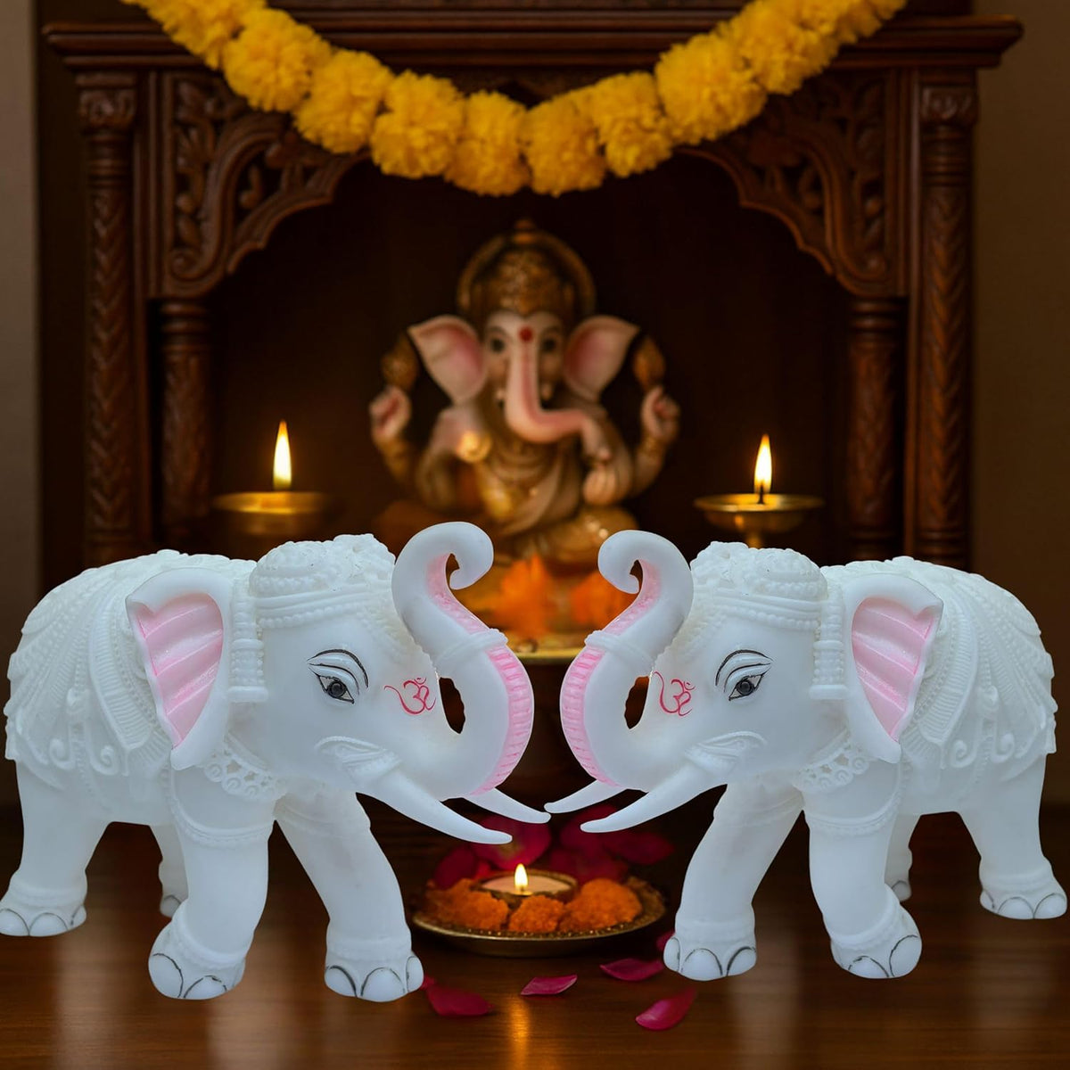 Large Auspicious White Elephant Hathi Showpiece Set of 2 | 8 Inch Vastu Trunk Up Figurine for Home Office Table Diwali
