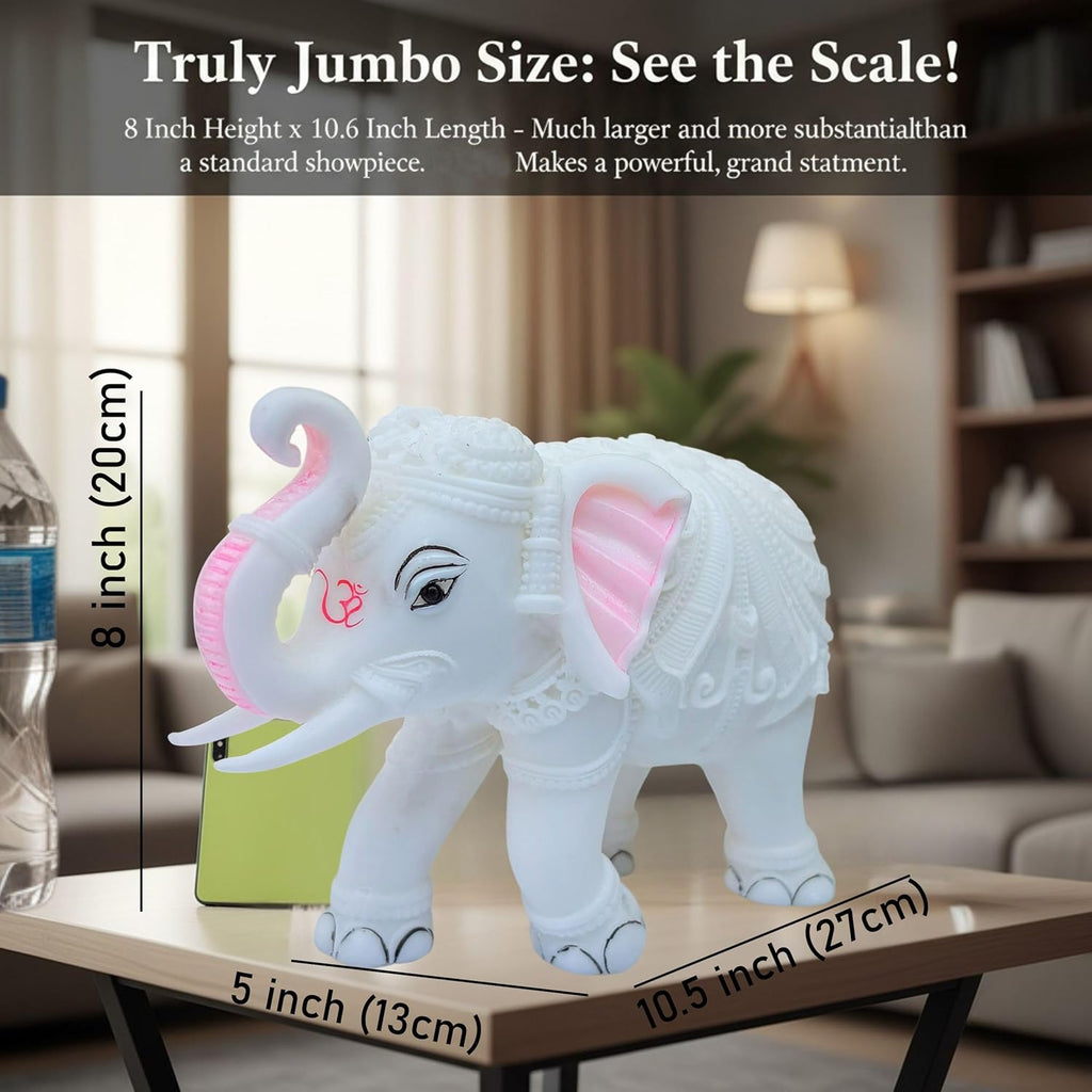 Large Auspicious White Elephant Hathi Showpiece Set of 2 | 8 Inch Vastu Trunk Up Figurine for Home Office Table Diwali