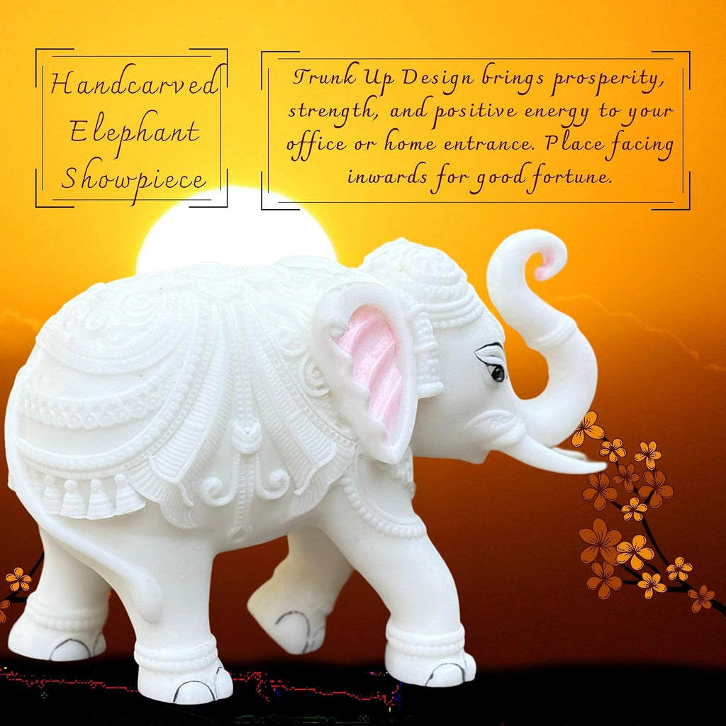 Large Auspicious White Elephant Hathi Showpiece Set of 2 | 8 Inch Vastu Trunk Up Figurine for Home Office Table Diwali