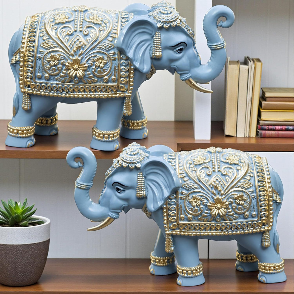 Royal Blue Gajraj Elephant Showpiece Pair for Home Decor | Marble Dust Resin (8x12 inch) Statue Set | Vastu Wealth, Prosperity Gift for Diwali & Housewarming