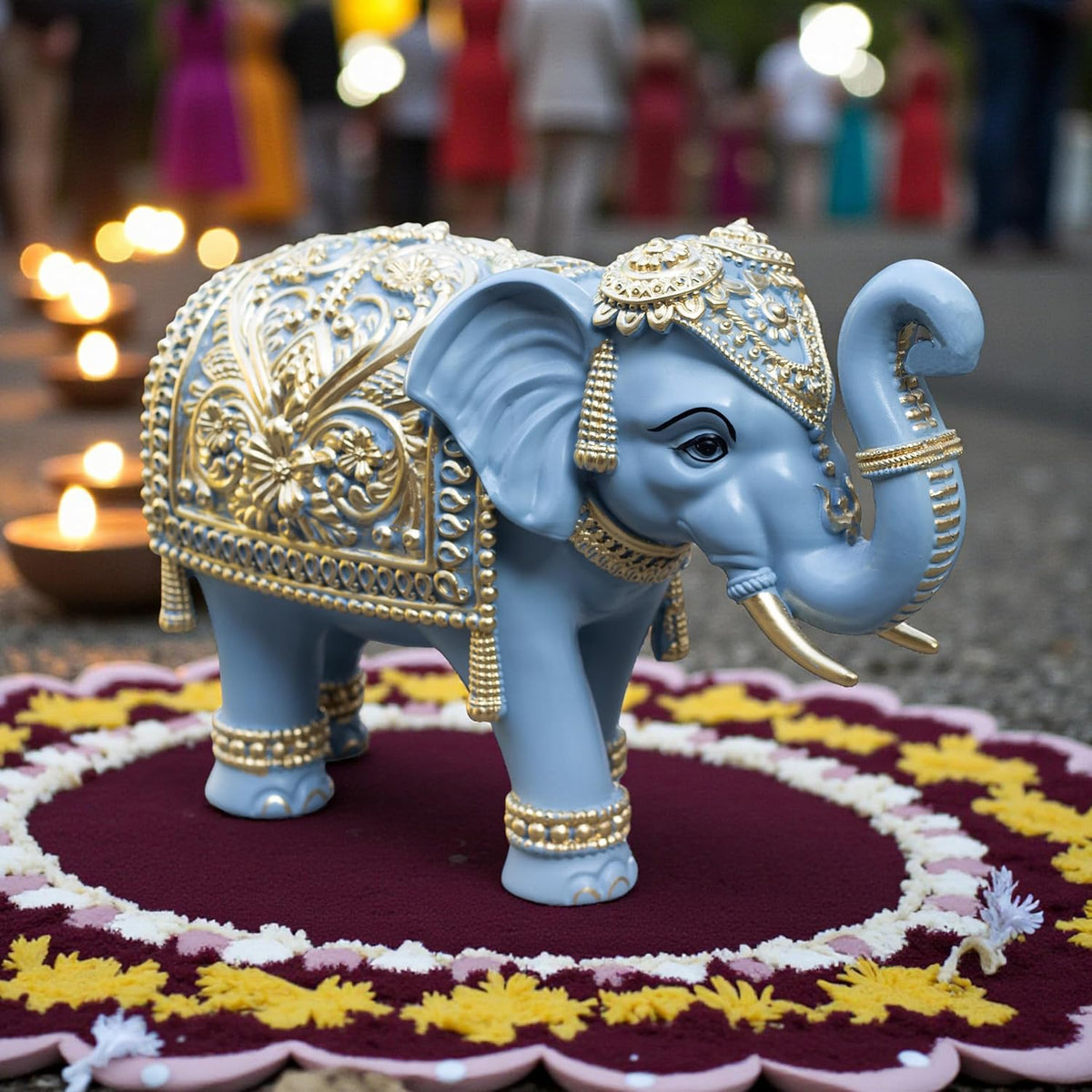 Royal Blue Gajraj Elephant Showpiece Pair for Home Decor | Marble Dust Resin (8x12 inch) Statue Set | Vastu Wealth