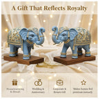 Royal Blue Gajraj Elephant Showpiece Pair for Home Decor | Marble Dust Resin (8x12 inch) Statue Set | Vastu Wealth