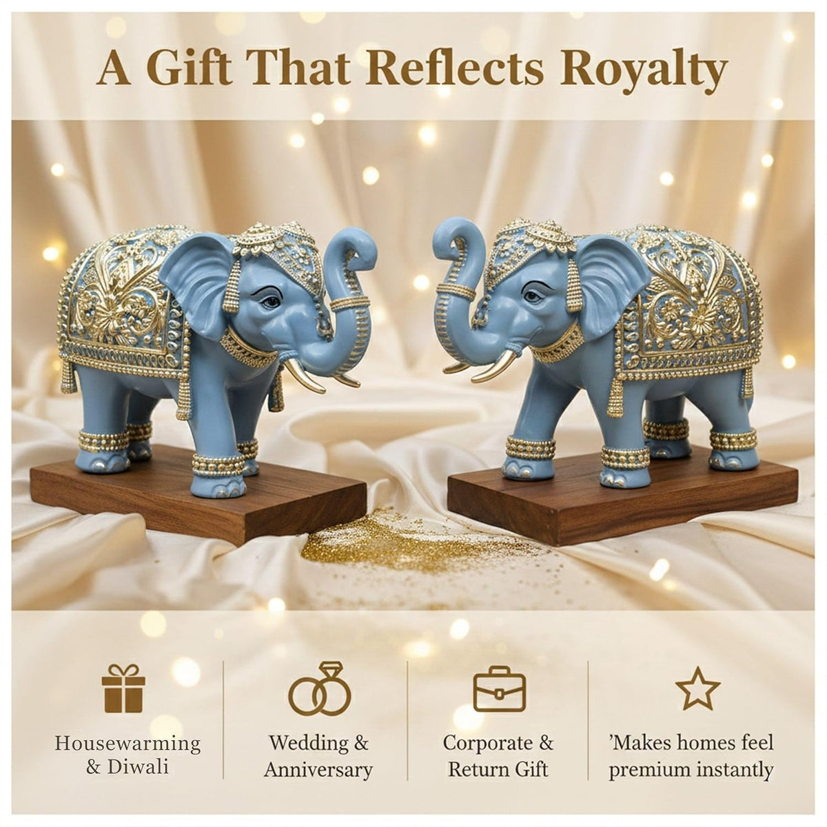 Royal Blue Gajraj Elephant Showpiece Pair for Home Decor | Marble Dust Resin (8x12 inch) Statue Set | Vastu Wealth