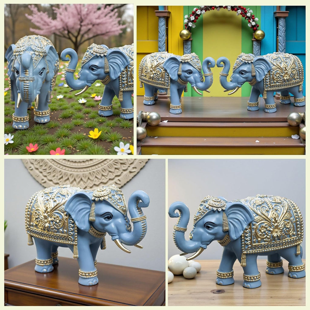 Royal Blue Gajraj Elephant Showpiece Pair for Home Decor | Marble Dust Resin (8x12 inch) Statue Set | Vastu Wealth