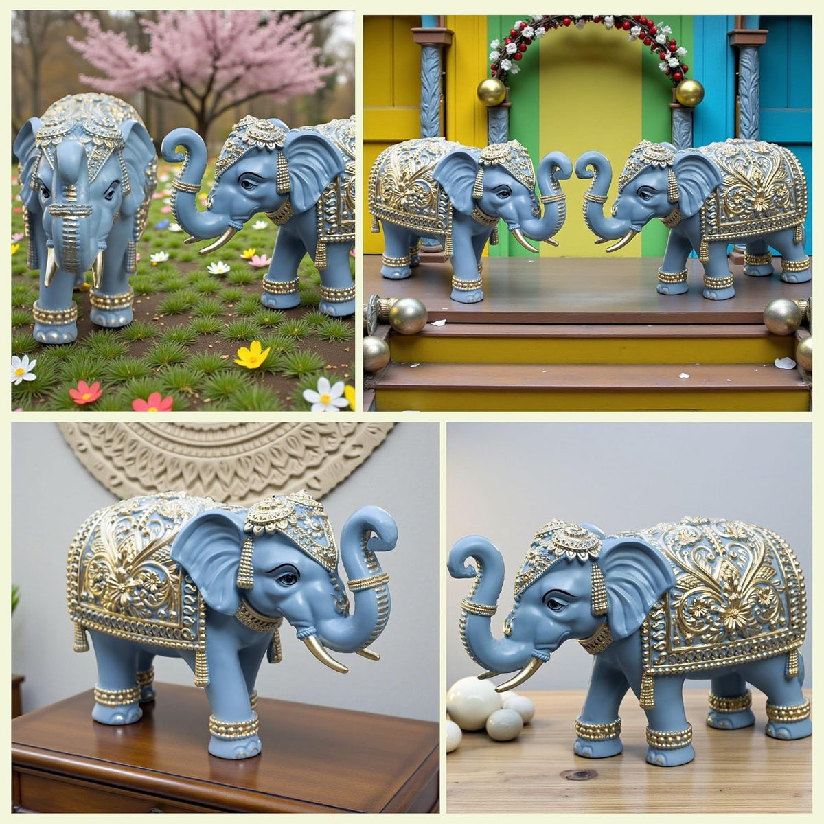 Royal Blue Gajraj Elephant Showpiece Pair for Home Decor | Marble Dust Resin (8x12 inch) Statue Set | Vastu Wealth