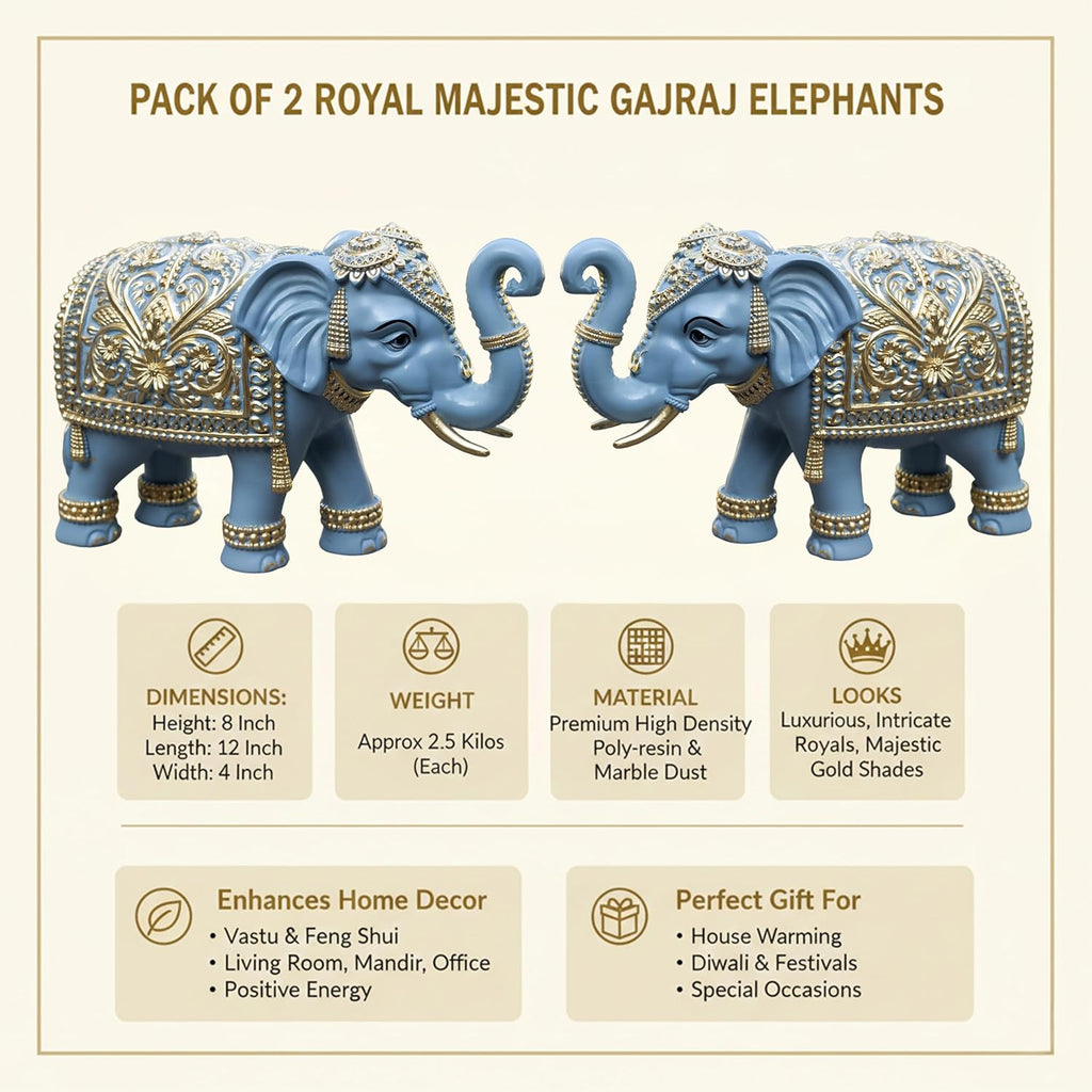 Royal Blue Gajraj Elephant Showpiece Pair for Home Decor | Marble Dust Resin (8x12 inch) Statue Set | Vastu Wealth