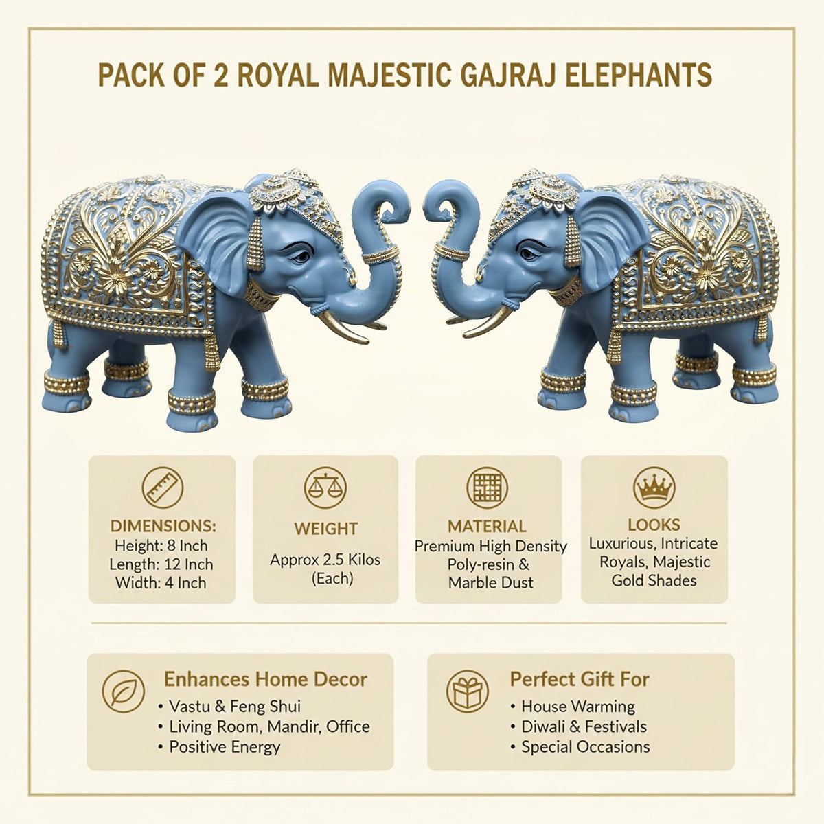Royal Blue Gajraj Elephant Showpiece Pair for Home Decor | Marble Dust Resin (8x12 inch) Statue Set | Vastu Wealth