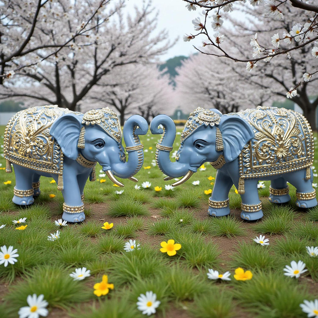 Royal Blue Gajraj Elephant Showpiece Pair for Home Decor | Marble Dust Resin (8x12 inch) Statue Set | Vastu Wealth