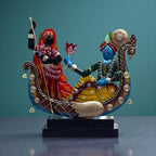 Radha Krishna Boat Showpiece for Home Decor | Iron Metal Decorative Idol with Wooden Base | 15 Inch Spiritual Statue