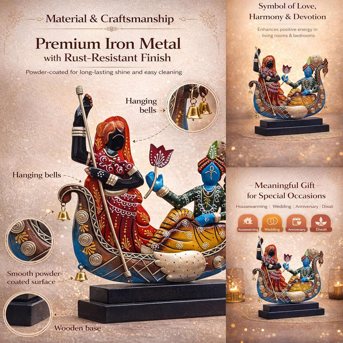 Radha Krishna Boat Showpiece for Home Decor | Iron Metal Decorative Idol with Wooden Base | 15 Inch Spiritual Statue