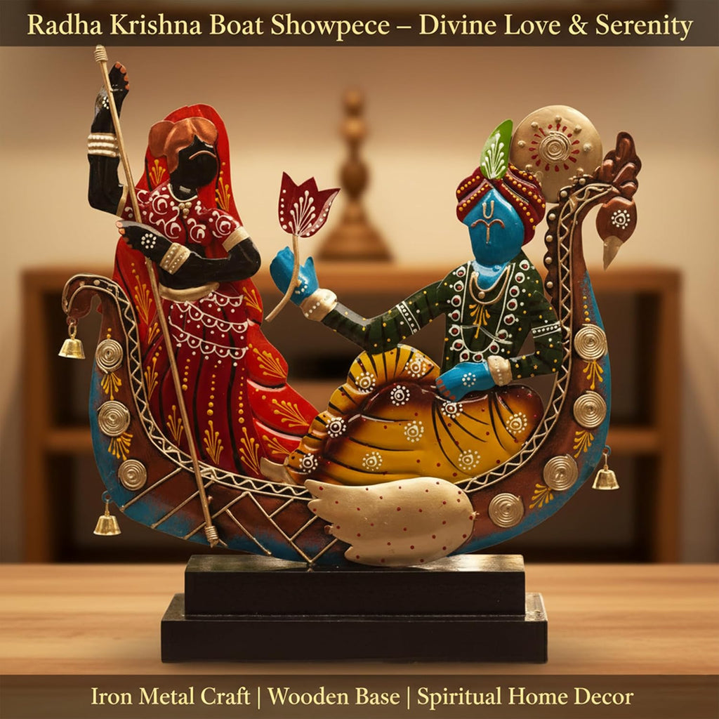 Radha Krishna Boat Showpiece for Home Decor | Iron Metal Decorative Idol with Wooden Base | 15 Inch Spiritual Statue