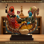 Radha Krishna Boat Showpiece for Home Decor | Iron Metal Decorative Idol with Wooden Base | 15 Inch Spiritual Statue