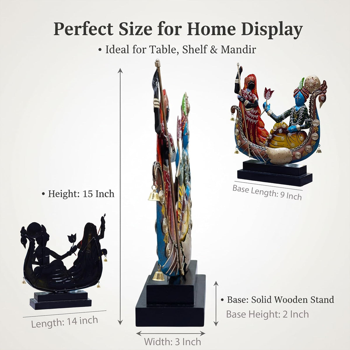 Radha Krishna Boat Showpiece for Home Decor | Iron Metal Decorative Idol with Wooden Base | 15 Inch Spiritual Statue