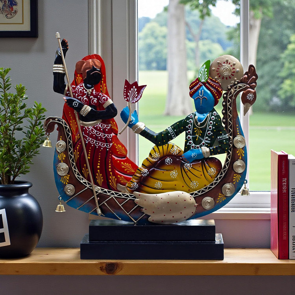 Radha Krishna Boat Showpiece for Home Decor | Iron Metal Decorative Idol with Wooden Base | 15 Inch Spiritual Statue
