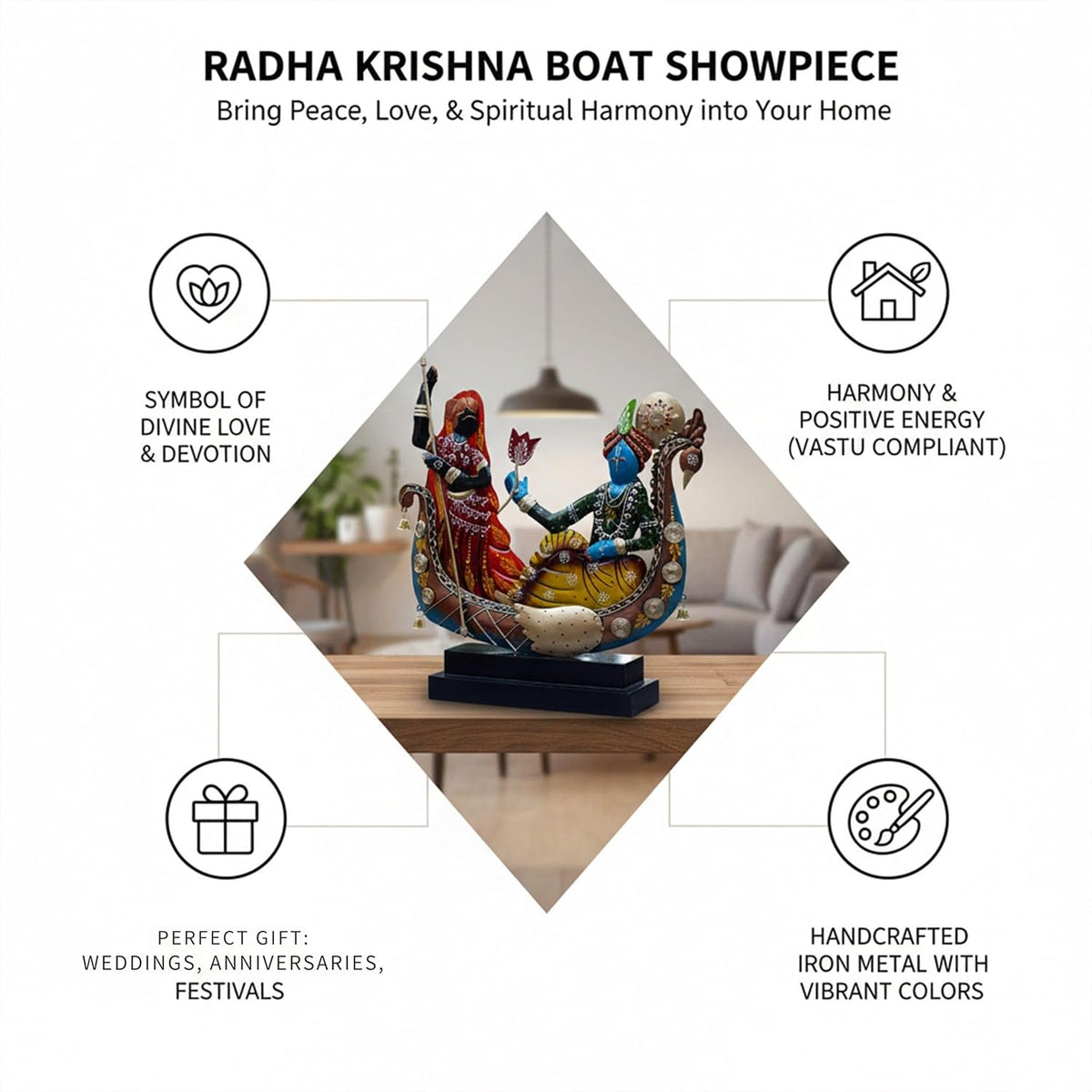 Radha Krishna Boat Showpiece for Home Decor | Iron Metal Decorative Idol with Wooden Base | 15 Inch Spiritual Statue