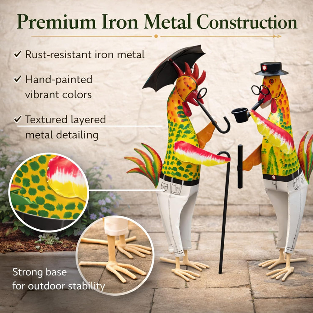 Metal Gentleman Rooster Garden Decor Set of 2 | Iron Chicken Yard Art Statues for Lawn Patio Balcony Home Kitchen Decor