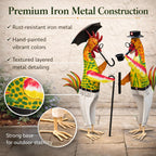 Metal Gentleman Rooster Garden Decor Set of 2 | Iron Chicken Yard Art Statues for Lawn Patio Balcony Home Kitchen Decor