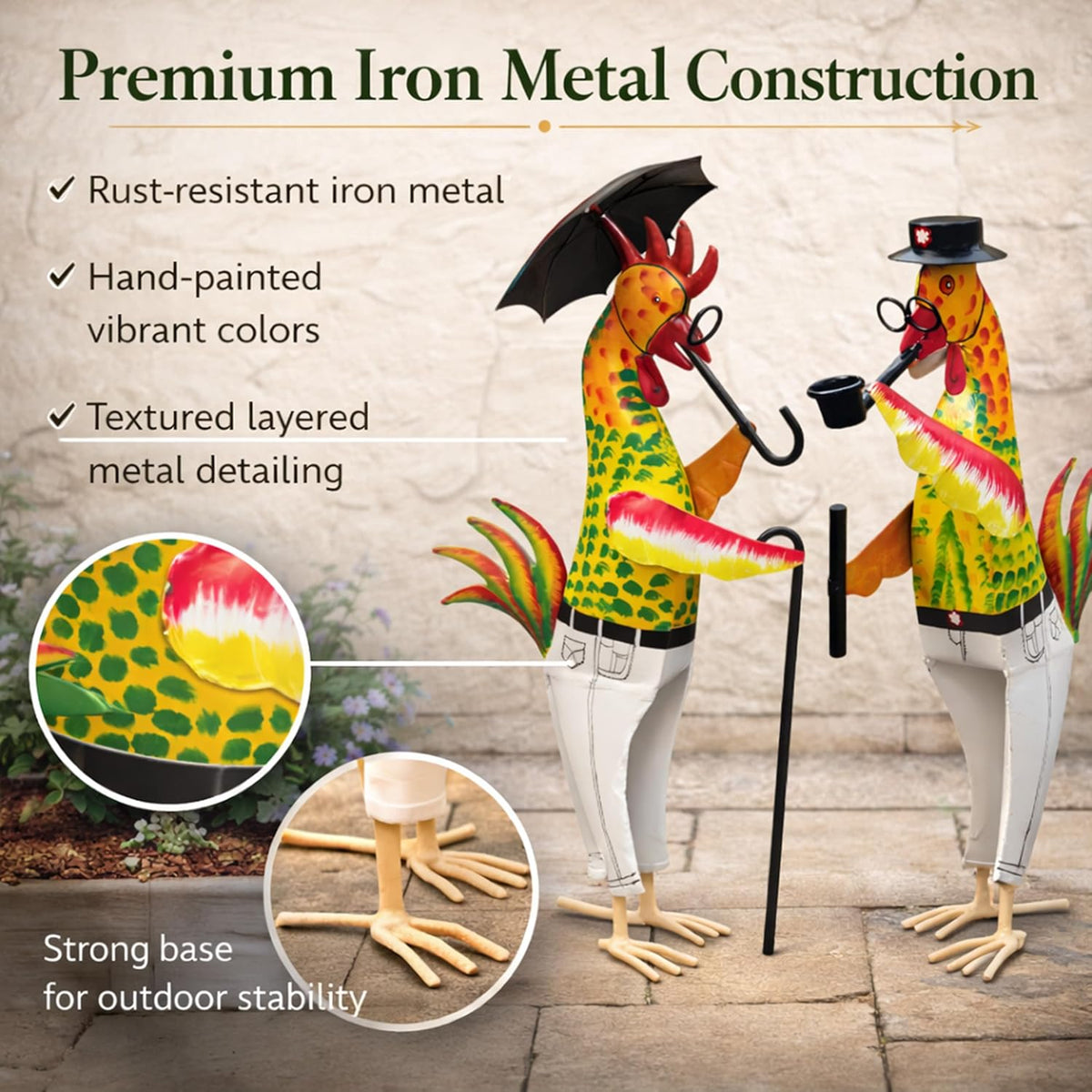 Metal Gentleman Rooster Garden Decor Set of 2 | Iron Chicken Yard Art Statues for Lawn Patio Balcony Home Kitchen Decor