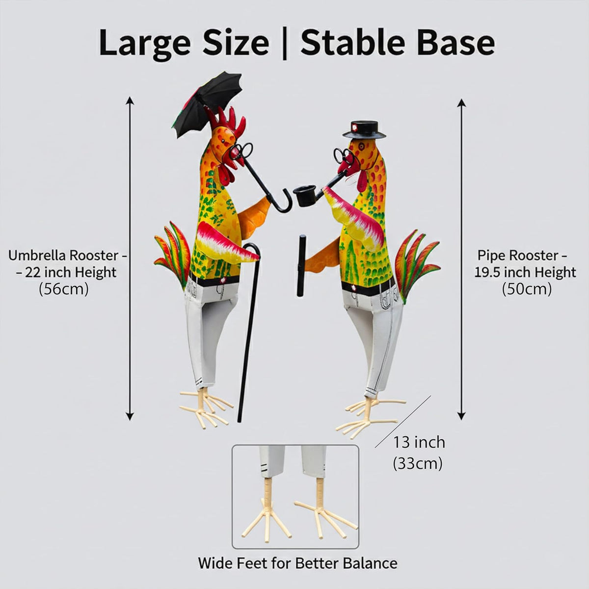 Metal Gentleman Rooster Garden Decor Set of 2 | Iron Chicken Yard Art Statues for Lawn Patio Balcony Home Kitchen Decor