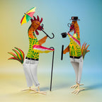 Metal Gentleman Rooster Garden Decor Set of 2 | Iron Chicken Yard Art Statues for Lawn Patio Balcony Home Kitchen Decor