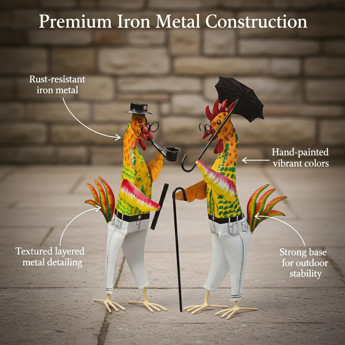 Metal Gentleman Rooster Garden Decor Set of 2 | Iron Chicken Yard Art Statues for Lawn Patio Balcony Home Kitchen Decor