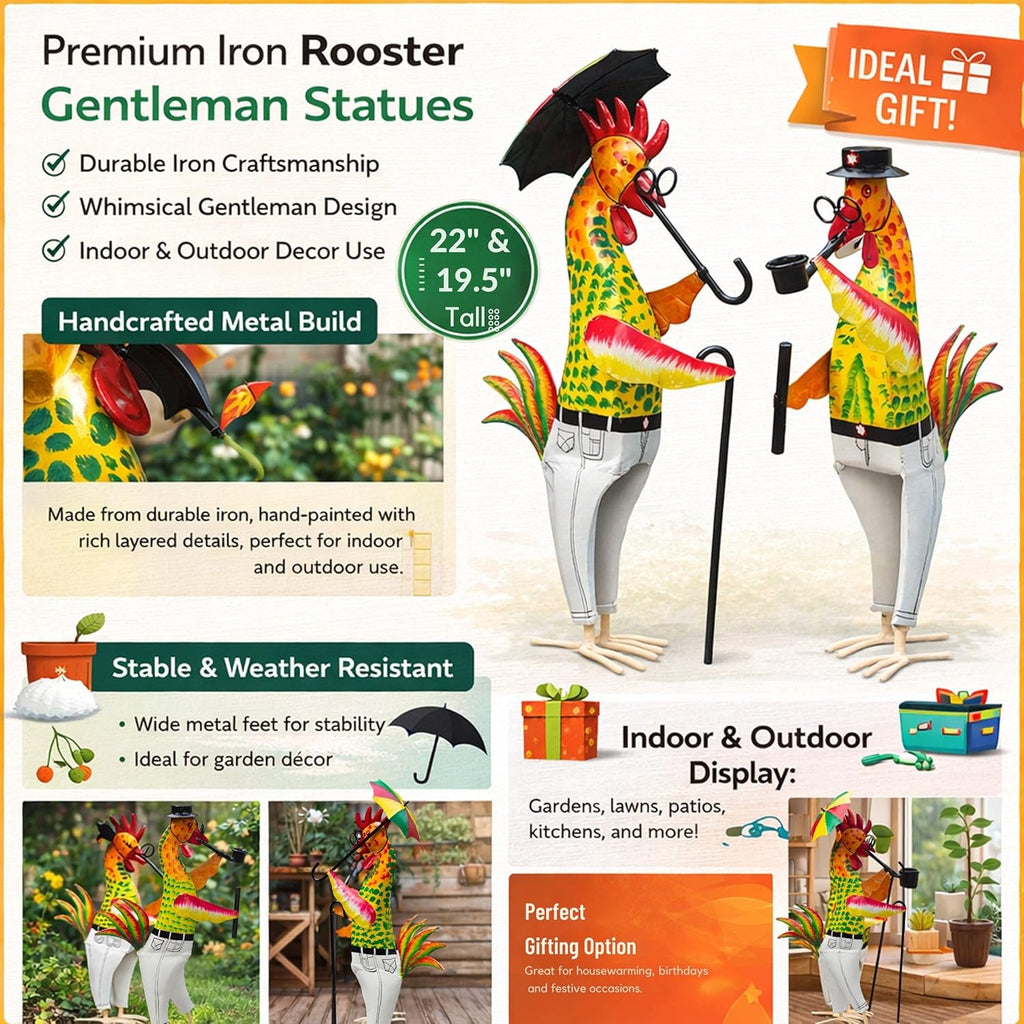 Metal Gentleman Rooster Garden Decor Set of 2 | Iron Chicken Yard Art Statues for Lawn Patio Balcony Home Kitchen Decor