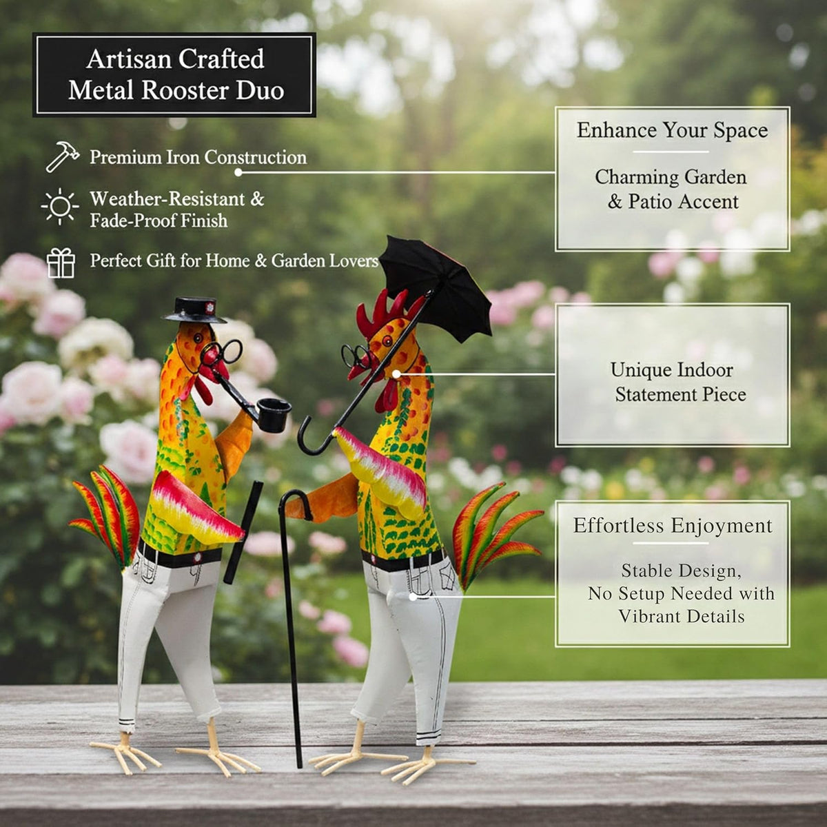 Metal Gentleman Rooster Garden Decor Set of 2 | Iron Chicken Yard Art Statues for Lawn Patio Balcony Home Kitchen Decor