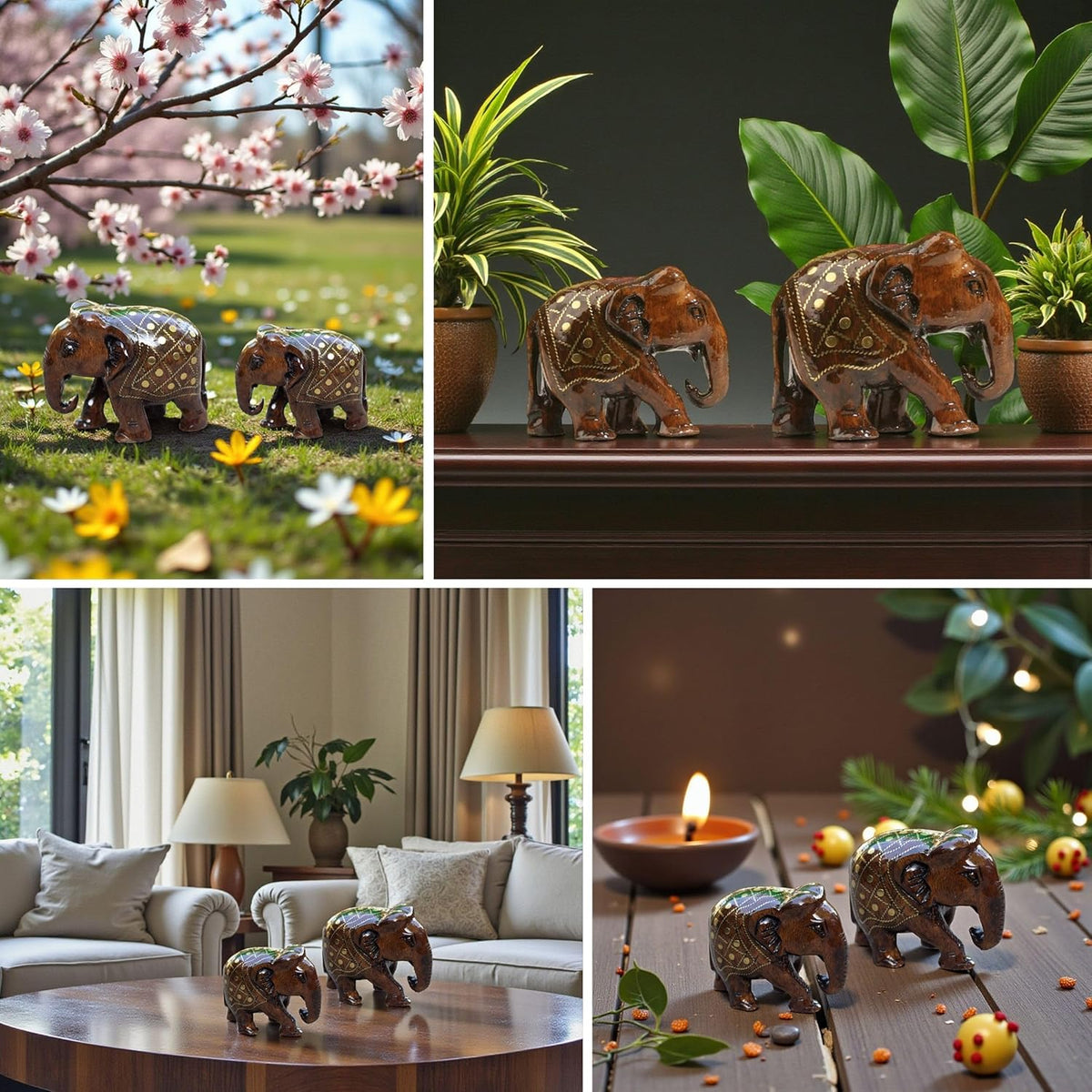 Handcrafted Wooden Taarkasi Elephant Showpiece Set of 2 for Home Decor Tabletop | Brass Inlay Elephant Statue for Vastu
