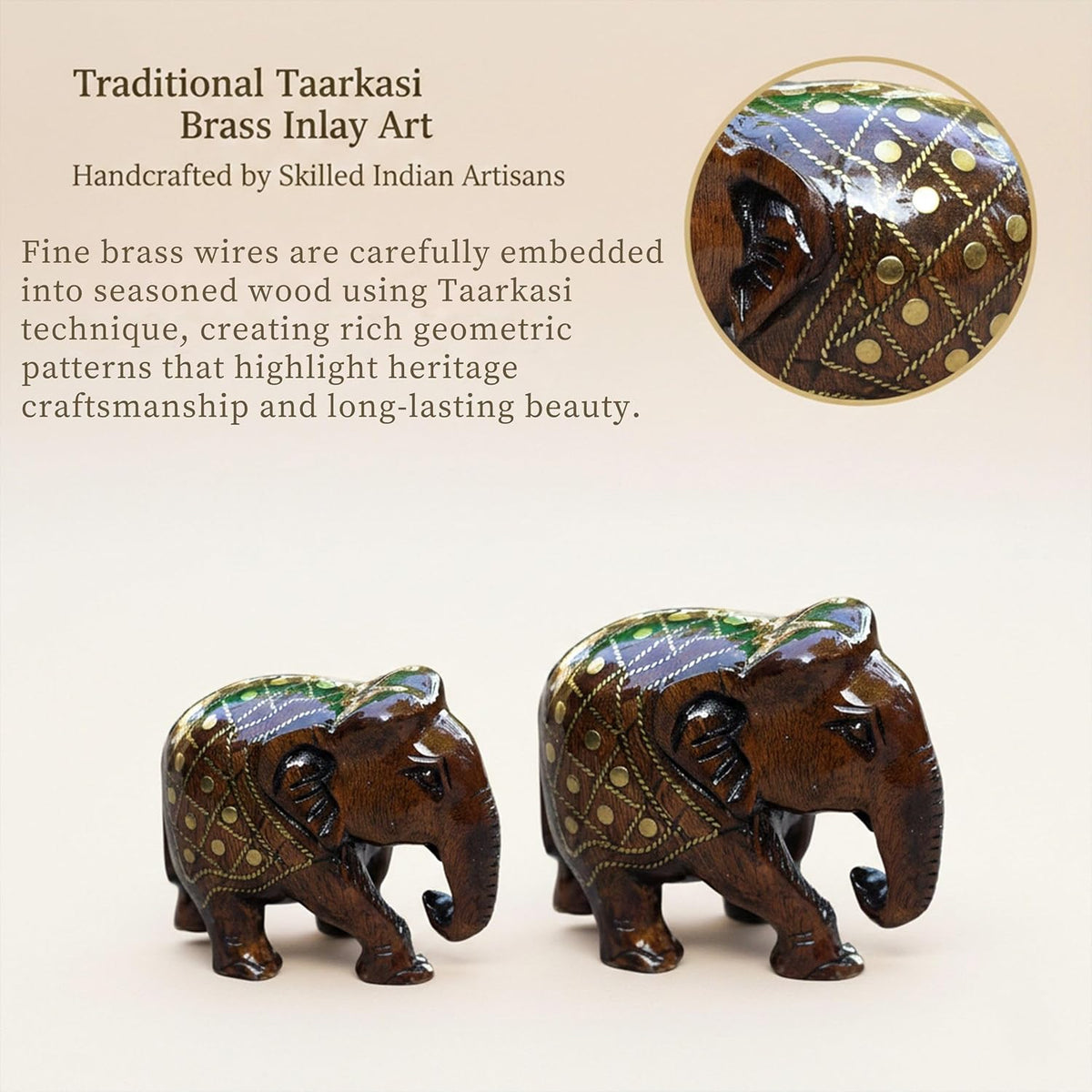 Handcrafted Wooden Taarkasi Elephant Showpiece Set of 2 for Home Decor Tabletop | Brass Inlay Elephant Statue for Vastu