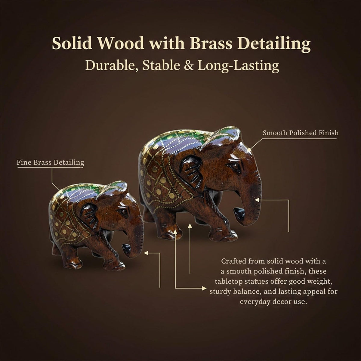 Handcrafted Wooden Taarkasi Elephant Showpiece Set of 2 for Home Decor Tabletop | Brass Inlay Elephant Statue for Vastu