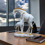 White Giraffe Mother & Baby Statue with Gold Accents | Resin Animal Showpiece for Home Decor Tabletop | Vastu Symbol of