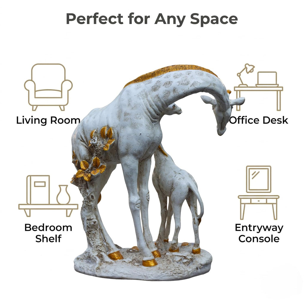 White Giraffe Mother & Baby Statue with Gold Accents | Resin Animal Showpiece for Home Decor Tabletop | Vastu Symbol of