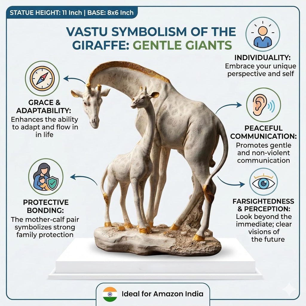White Giraffe Mother & Baby Statue with Gold Accents | Resin Animal Showpiece for Home Decor Tabletop | Vastu Symbol of